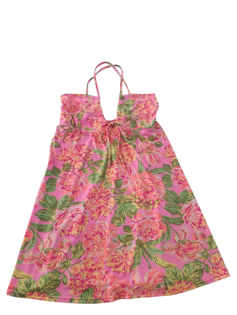 Maaji Pink Floral Halter Keyhole Tie Front Dress #beachcover #resort #vacation